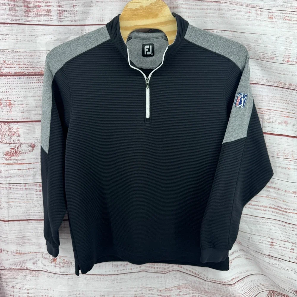 FootJoy Sweater Mens 2XL PGA 1/4 Zip Ribbed Pullover Black Gray Golf Performance - Picture 1 of 9